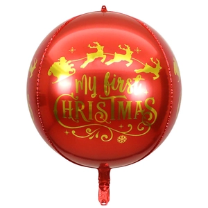 Detail of red 4D metallic Christmas balloon featuring golden My First Christmas print