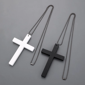Minimalist black and white wooden cross pendant necklaces with beaded chains set
