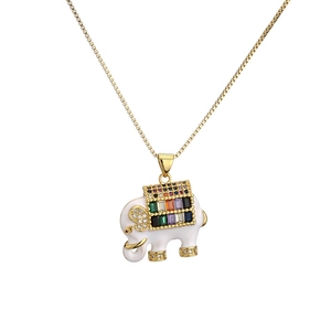 Cute gold elephant pendant necklace with white enamel and colorful micro-set zircons