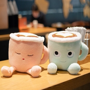 Creative plush coffee latte cup pillows in pink and green with cute smiling faces