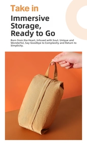 Close-up of mustard yellow waterproof nylon storage bag with a durable webbing handle
