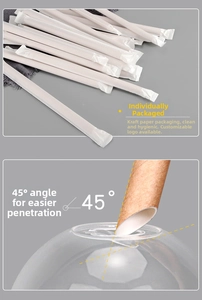 Biodegradable paper straws with individual white wrapping and 45-degree angled tips