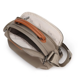 Waterproof taupe Oxford fabric tote bag with multi-layer zipper and brown leather handle