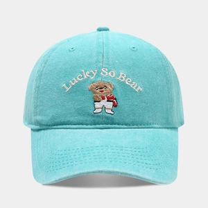 Macro view of light blue baseball cap featuring detailed bear embroidery and Lucky text