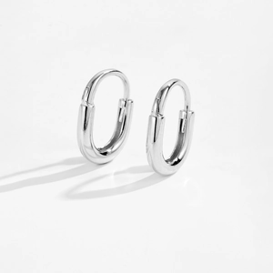 Minimalist S925 sterling silver oval U-shaped hoop earrings with polished silver finish
