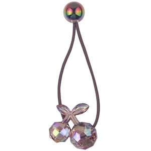 Purple elastic hair tie with translucent iridescent cherry-shaped crystal beads
