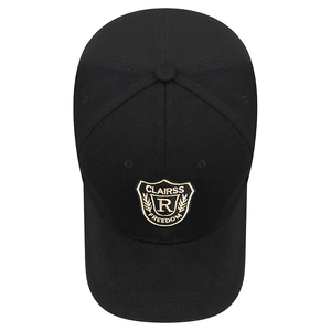 Black vintage baseball cap with embroidered shield logo and adjustable back strap
