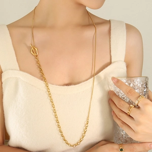 18k gold plated stainless steel long OT buckle chain necklace and geometric rings set