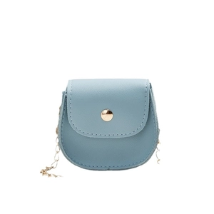 Mini light blue leather crossbody bag with golden chain strap and round metal buckle