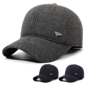 Men Winter Baseball Cap Woolen Thickened Warm Ear Protection Windproof Sport Outdoor Fashion Adjustable Hat With Metal Badge