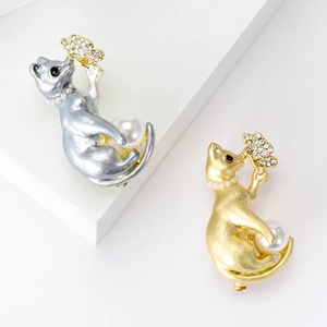 Cat Brooch Pin Alloy Enamel Faux Artificial Pearl Rhinestone Vintage Animal Butterfly Jewelry For Women