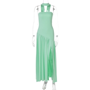 Detail of light green sleeveless dress with halter neck and side slit design