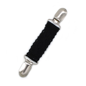 Detailed view of black lace travel hat clip with metallic duckbill fasteners and strap