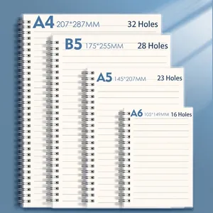 Size comparison of A4, B5, A5, and A6 PP spiral notebooks with dimensions and hole counts