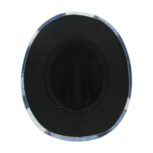 Internal view of a wide-brim cowboy hat featuring black velvet lining and blue tie-dye edge