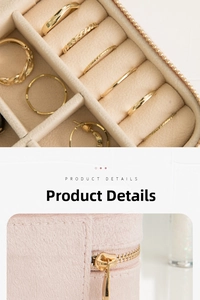 Detail of pink velvet jewelry box showing ring slots and smooth metal zipper closure