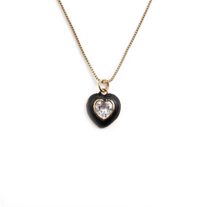 Fashionable gold plated heart necklace with black enamel pendant and sparkling zircon stone
