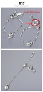 Macro detail of S925 sterling silver heart extender chain with adjustable slide bead