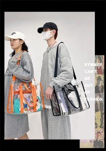 Detail of transparent PVC tote bags with black and orange trim and adjustable straps