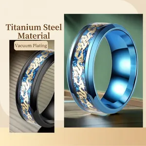 Titanium steel dragon pattern ring with blue carbon fiber inlay and gold plating