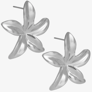 Vue macro des boucles d'oreilles fleurs minimalistes en acier inoxydable 304 argenté poli