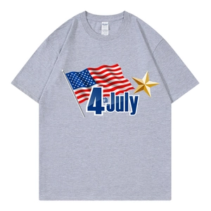Detailed view of 4th July American flag print on grey cotton short sleeve T-shirt