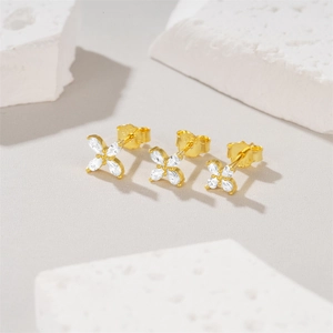 Three-piece set of S925 sterling silver flower stud earrings with marquise zircon on stone