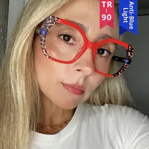 Chic polygonal TR90 anti-blue light glasses with red frames and leopard print temples