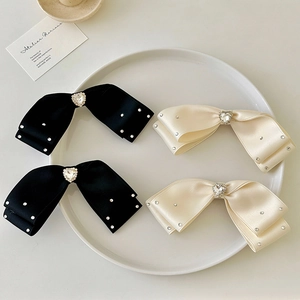 Elegant French style satin bow hair clips with heart rhinestones in black and cream white