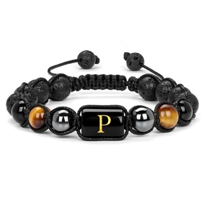 Detail of beaded bracelet with lava stone, tiger eye, and golden letter P charm