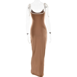 Detailed close-up of brown floor-length lace-up dress with premium fabric texture