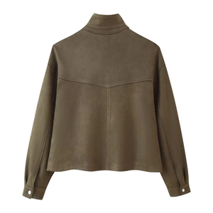 Army green stand-up collar faux suede bomber jacket with full zipper and ribbed cuffs