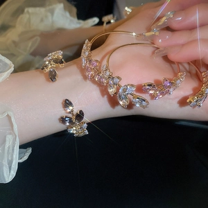 Exquisite gold leaf open bracelet set with purple and amber crystals for women