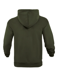 Detail of dark green waffle knit hoodie showing back texture and ribbed cuffs