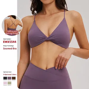 Soutien-Gorge de Sport Brossé pour Femmes Col en V Nœud Torsadé Devant Dos Croisé Rembourré Fitness Yoga Coupe Ajustée Haut