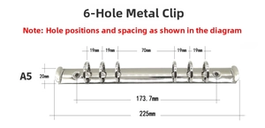 Technical drawing of a silver 6-hole A5 metal binder mechanism with 225mm total length