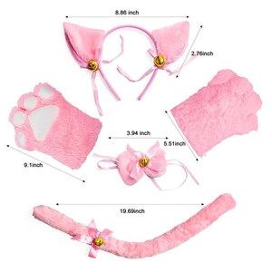 Pink cat cosplay set with dimensions for ears, paws, choker, and tail on white background