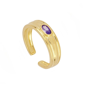 Bague ouverte ajustable plaquée or 18K avec pierre précieuse ovale violette brossée