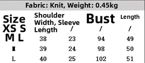 Detailed size chart for knitted fashion top showing shoulder, sleeve, chest and length