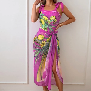 Detailed wrap hem and high slit on tropical floral print chiffon beach dress