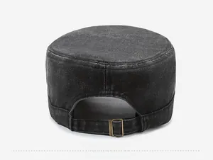 Detail view of the washed cotton flat top military cap with adjustable metal back strap