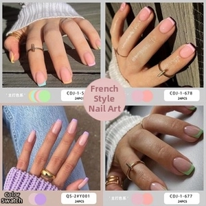 Detail of 24pcs French press-on nails in mint, pink, purple, and green gradients