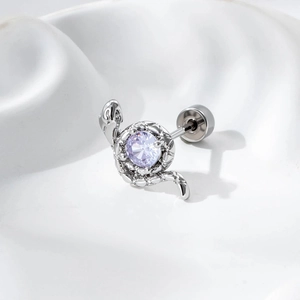 Clou d'oreille serpent en argent avec zircon violet et fermoir à vis sécurisé
