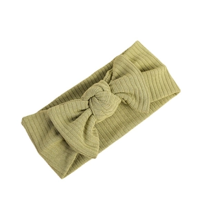 Olive green ribbed knit baby headband with a large bow on a clean white background