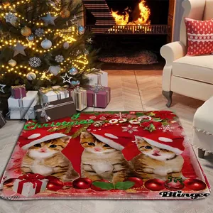 Detail of a Christmas flannel floor mat featuring three kittens in festive hats with red background