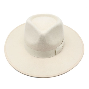 Detail view of the cream wool fedora hat featuring a matching grosgrain ribbon and bow