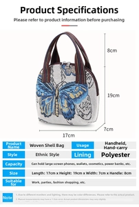 Detailed size chart for the butterfly pattern ethnic style fabric shell handbag