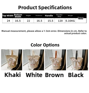 Detailed size chart for the straw tote bag showing strap and dimension specifications
