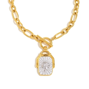 18K gold plated stainless steel necklace with sun face square pendant and T-bar toggle clasp