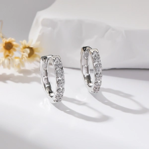 Silver micro-paved zircon hoop earrings displayed with elegant stone and dried flowers